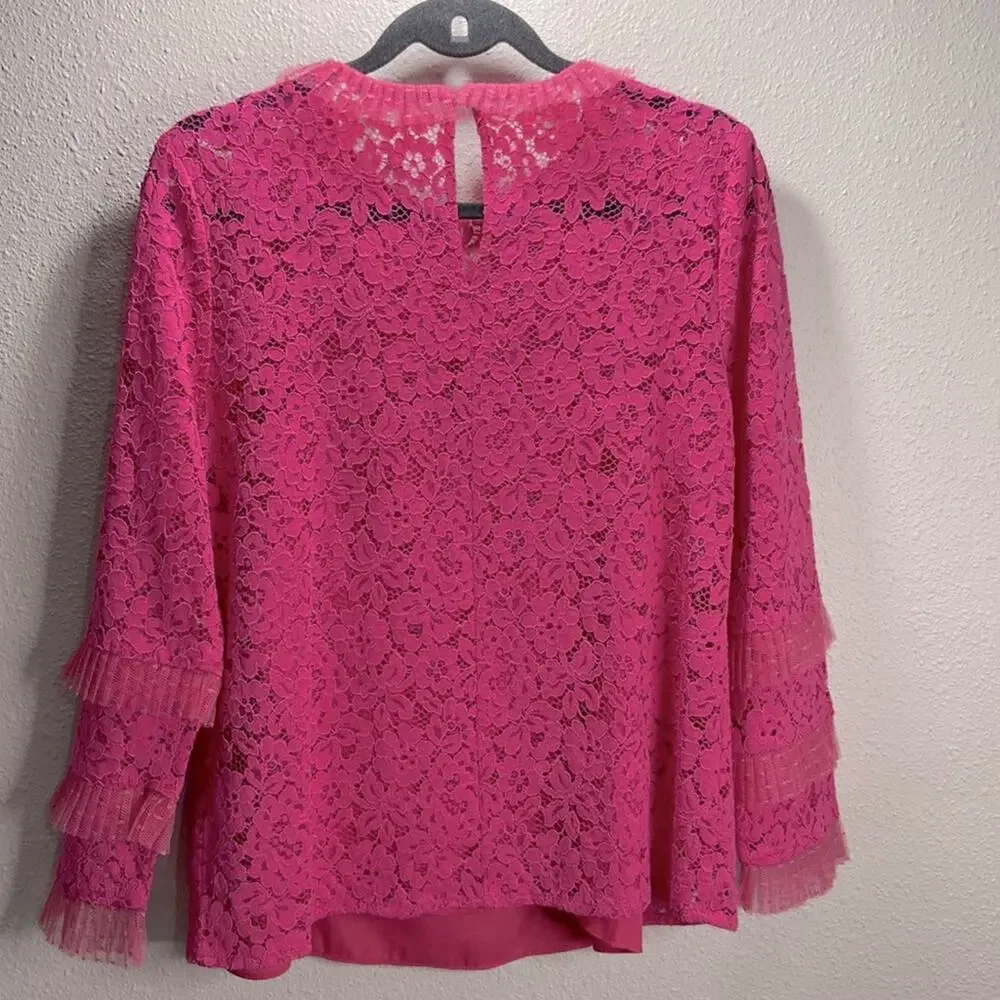 J. Crew Women Pink Lined Lace Blouse With Tulle Ruffle Detail Size M